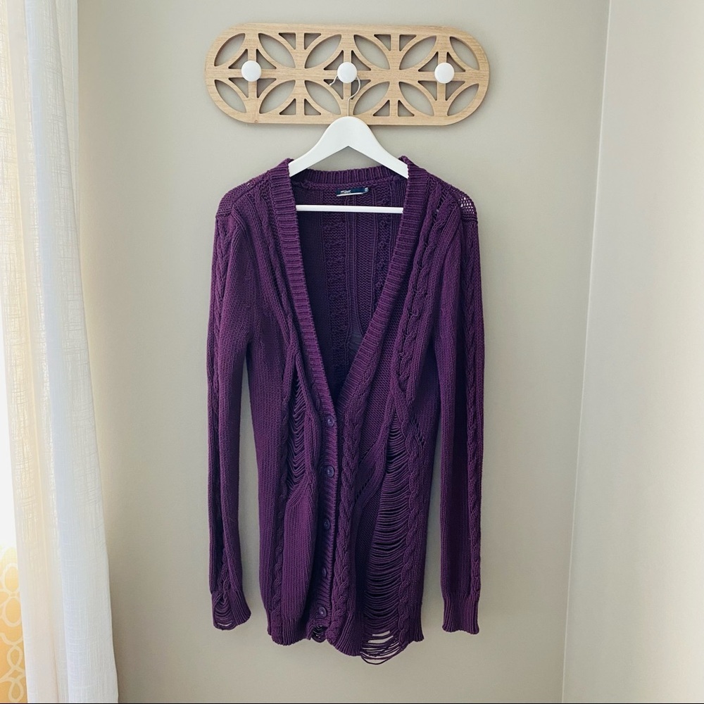 Silver Distressed Long Sleeve Knit Button Cadigan Purple Sz XS